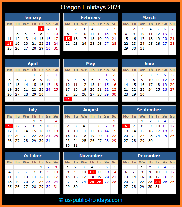 Oregon Holiday Calendar 2021